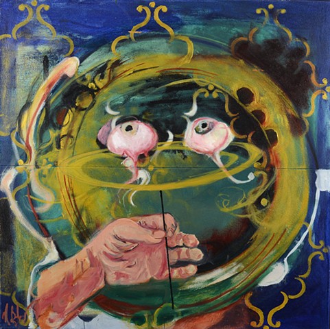 Eyes on a plate twirl in the air on a stick with wall paper background. 