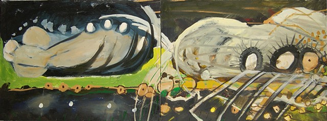 Mary Begley, UFO series, Green abstract landscape oil painting 