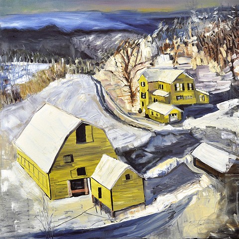 Yellow buildings in snow