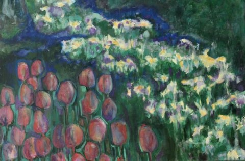 tulips, bluebells, daffodil...after a woodland rain impressionist