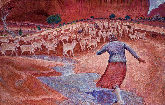 "Mother with Sheep in Canyon"