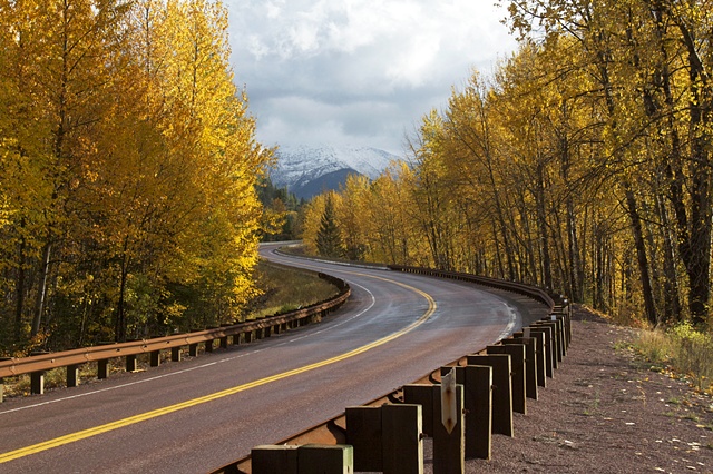 An autumn day on the road to Essex, Montana along  the boundary of Glacier National Park.