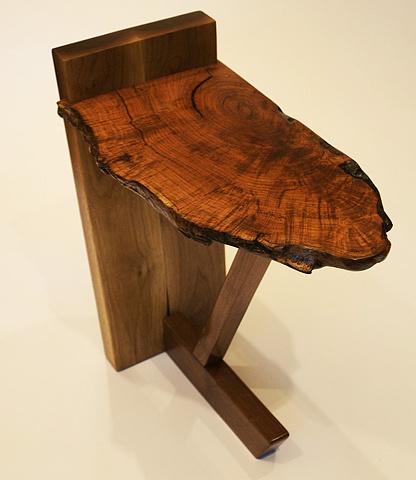 End table with free edge mesquite top and contemporary black walnut base.