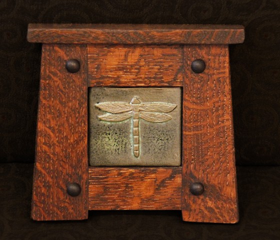 Hand-carved dragonfly pattern tile in classic Arts & Crafts style quarter sawn White Oak frame.