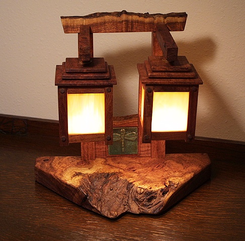 Mesquite lamp w/ dragonfly tile, evocative of a Japanese Tori gate in form.  