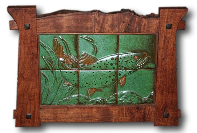 A Mackinaw (Lake Trout) prowls the depths of this hand-carved ceramic tile mural in an Arts & Crafts style mesquite wood frame.