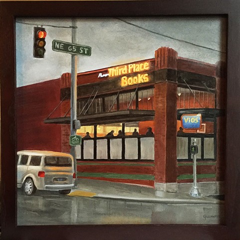 "RAIN CITY NIGHTHAWKS" - Early evening on a quiet Seattle corner brings memories of Edward Hopper.