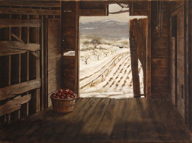 Early winter light illuminates the last bushel of apples from a Flathead Valley farm in northwest Montana.