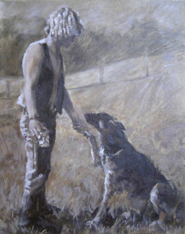 Oil painting commission sepia portrait of man and his german shepherd
