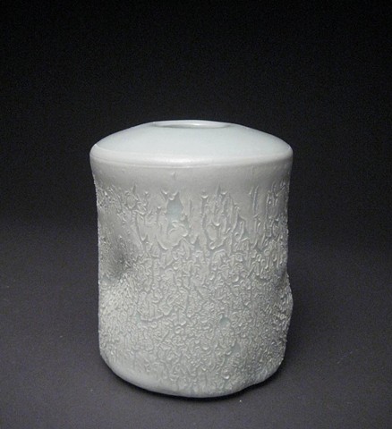 wheel thrown and altered porcelain, celadon glaze, crawl glaze