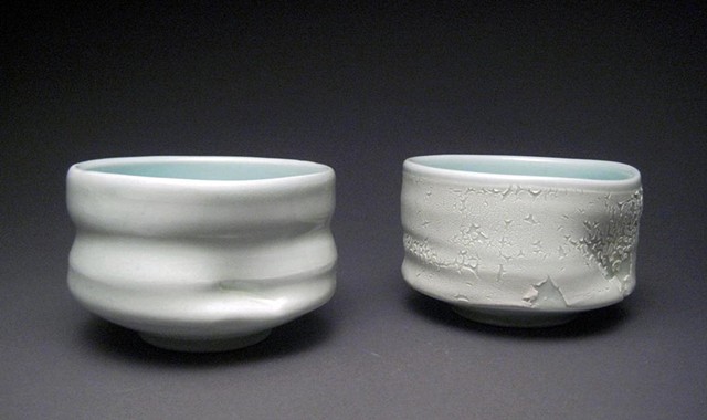 wheel thrown and altered porcelain, celadon glaze, crawl glaze