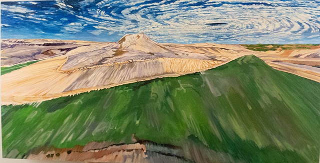 Amy Feger Oil Painting Metaphorical Surreal Landscape Painting of a mountain top removal mine in the foreground and an upside-down hurricane expanding across the sky above