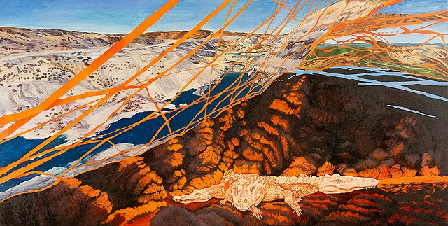 Amy Feger Oil Painting Metaphorical Surreal Landscape painting a mountaintop removal mine landscape a radioactive orange scaffold of the virtual landscape above a dark toxic fuming cave where resides a three headed white alligator dragon. 