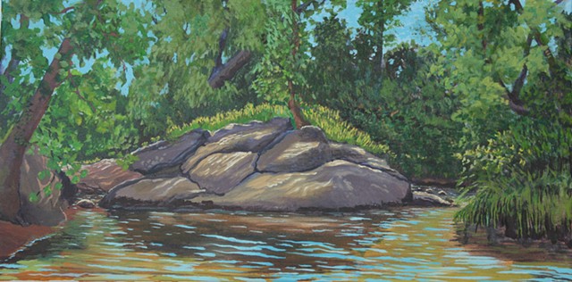Above the Fall Line, around the turn, by the Mahler Family Swimming Hole, Summer 2020, Shoal Creek Park acrylic landscape painting by Amy Feger