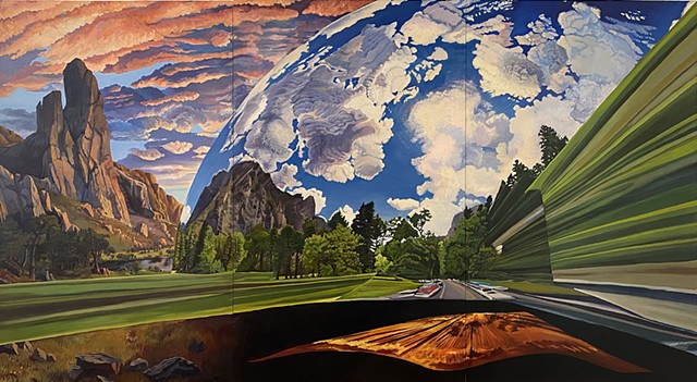 Oil painting by Amy Feger Glitch: Looking Down(loading) Yosemite, Ode to Bierstadt 2021