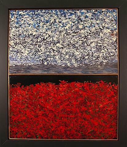 Consummation Oil Painting by Amy FegerA memorial piece to the Snow Geese that land in Berkeley Pitt, victims of climate change, the Anthropocene, the Capitalocene.