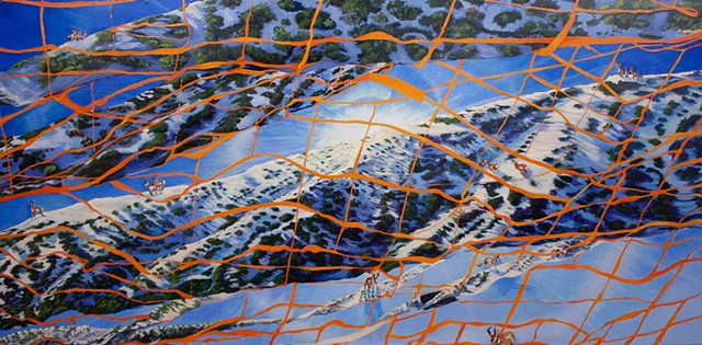 Amy Feger Oil Painting Metaphorical Surreal landscape Startled antelope are isolated in small groups on floating islands connected by an orange web in the epicenter of some event that is outside of their collective or individual control but because of which they are trapped.