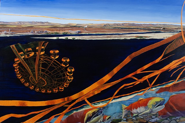 Amy Feger Oil Painting Metaphorical Surreal Landscape Painting radioactive orange wheel of fortune plunges toward the Columbia River at the Hanford Site. Salmon spawning symbolize a life cycle and represent the irreplaceable role that a single species plays in complex systems.