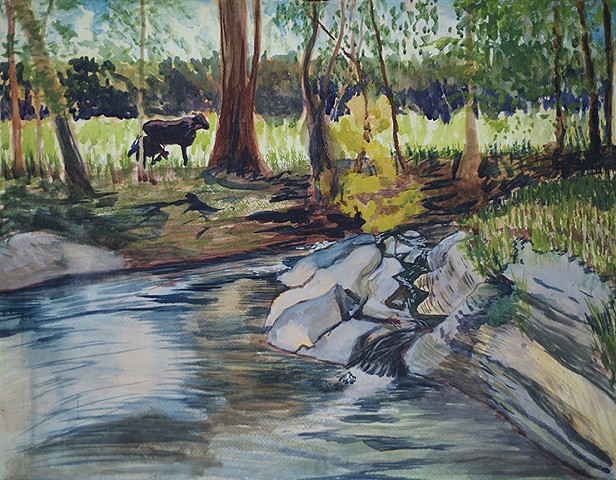 The Falls at the Mahler Swimming Hole with Cows in the Shade, Summer 2015 Montevallo Alabama Plein air watercolor painting by Amy Feger