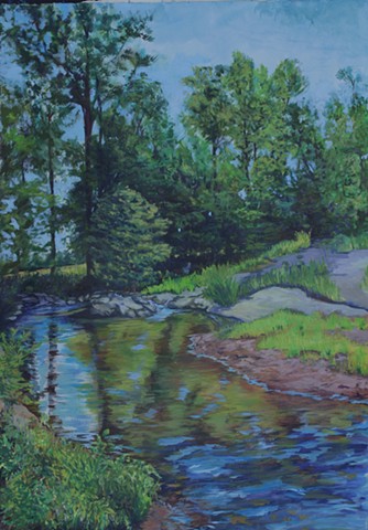 The Fjord and the Falls at the Mahler Property, Summer 2015 Montevallo Alabama Plein air mixed media watercolor acrylic painting by Amy Feger