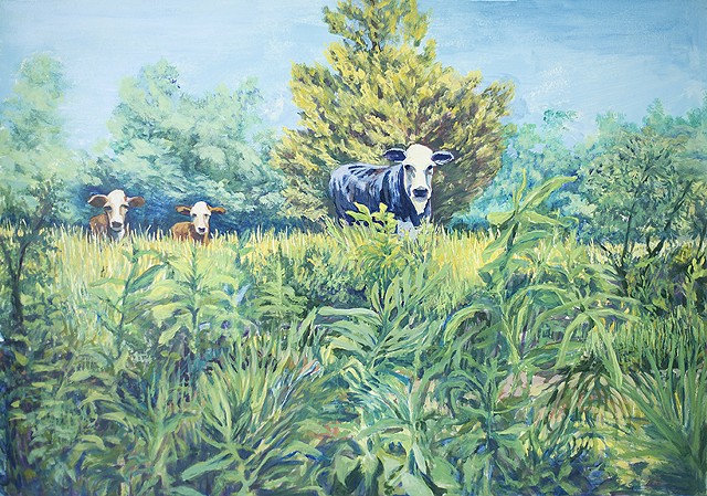 Last Tenants on the Mahler Property, Cows on the Mahler Pasture in the Summer of 2015 Montevallo Alabama Plein air watercolor acrylic painting by artist Amy Feger