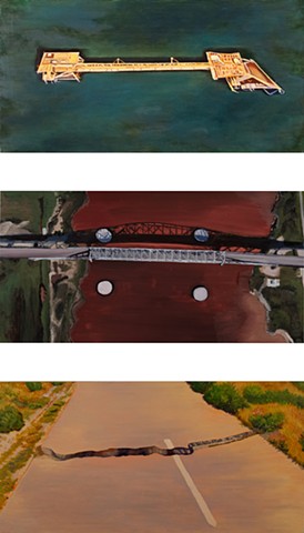 Amy Feger Oil Painting Metaphorical Landscape painting. A triptych of landscapes representing some environments impacted by the petroleum industry. Arranged vertically: top image, bridge on an oil rig in the Gulf; middle image, bridge to largest U.S. oil refinery in Port Arthur, and bottom image, the San Andreas Fault creates a gap in an asphalt road.