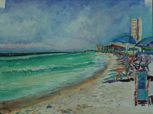 Crowded Beach in Destin, Florida plein air watercolor painting by Amy Feger