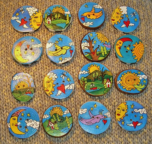 Whimsical,handmade, hand painted wooden buttons.