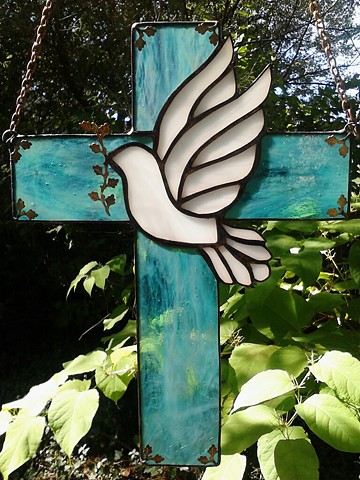 stained glass cross,dove,bird