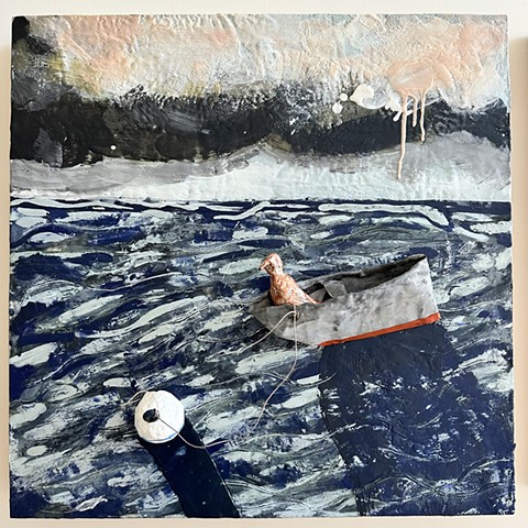 Lead Boat on Stormy Seas with Bird