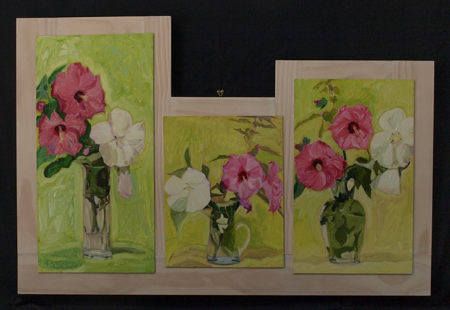 large, three panel still life painting with handmade frame