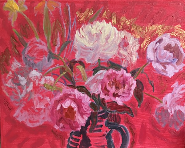 My Peonies on Red Ground