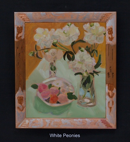 medium sized floral still life with handpainted and carved frame