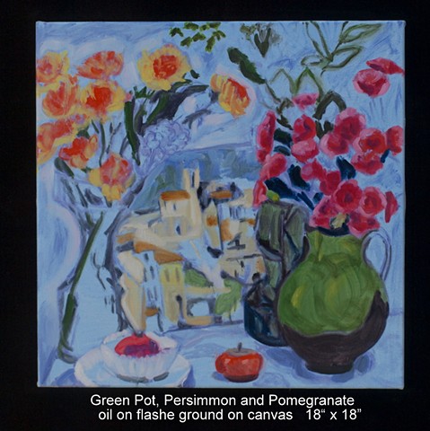 Green Pot, Persimmon and Pomegranate