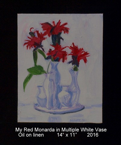 My Red Monarda in Multiple White Vase