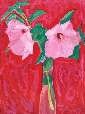 Double Pink Hibiscus on Red and Pink Ground