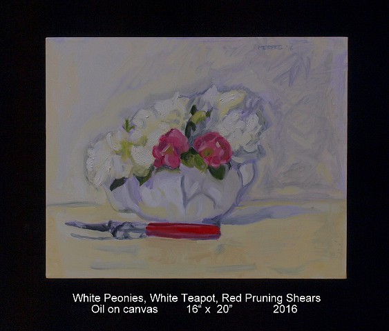 White Peonies, White Teapot, Red Pruning Shears