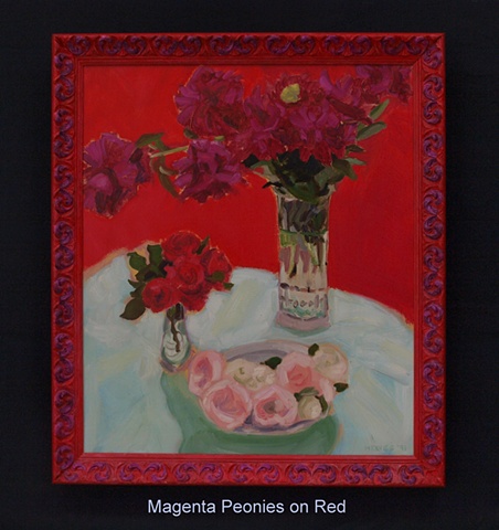 large floral still life with red/ pink background and handpainted frame