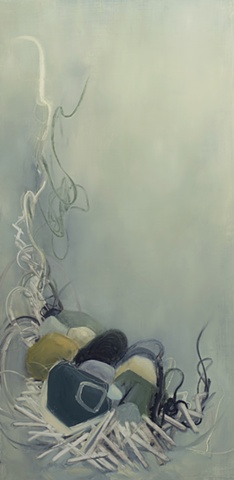 Abstract oil painting inspired by nature, nest, rocks, ladder