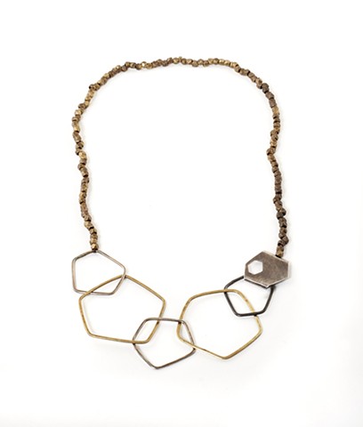 necklace, silver and brass hammered wire forms; hexagon, pentagon, organic, oxidized