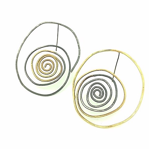 E-FROND jewelry, earring,silver, brass, spiral, organic, wire, hammered, botanical, dimensional, bold, 
