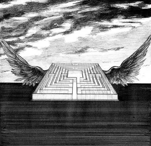Daedalus myth wings ruins labyrinth landscape