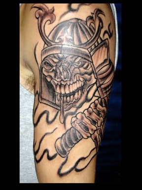 japanese warrior skull tattoo by tatupaul