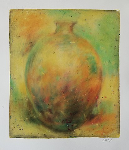acrylic, pastel, abstract, work on paper, monotype, gel plate, gelli, vessel