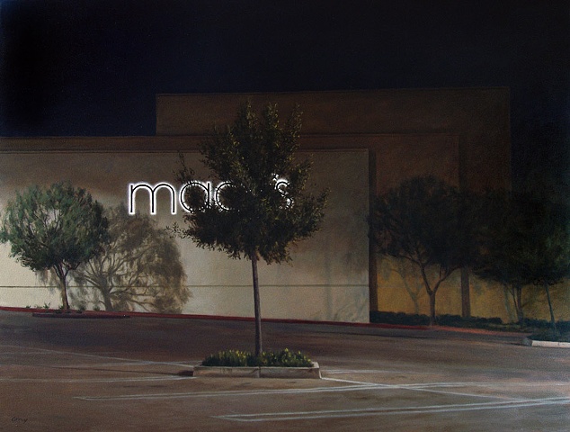 Large oil painting, night scene, Macy's store, parking lot, lighted sign, trees, building