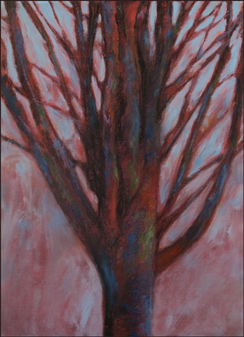 tree, mixed-media, semi-abstract, red, contemporary, work_on_paper, representational