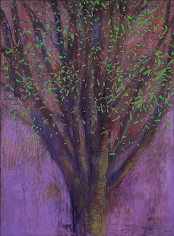 tree, mixed-media, semi-abstract, green, violet, leaves, stylized, contemporary, work_on_paper, representational