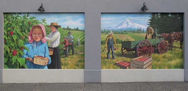 mural, outdoor mural, historic, historical mural, berries, raspberries, Oregon, picking berries, wagon, fields, mountain