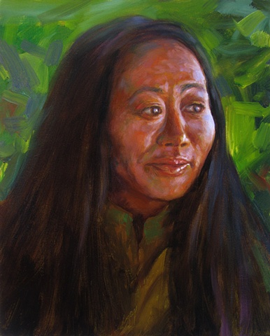 Hawaiian woman, long black hair, green background