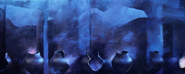 Multiple broken vessel forms along bottom, abstract forms, deep blues, night